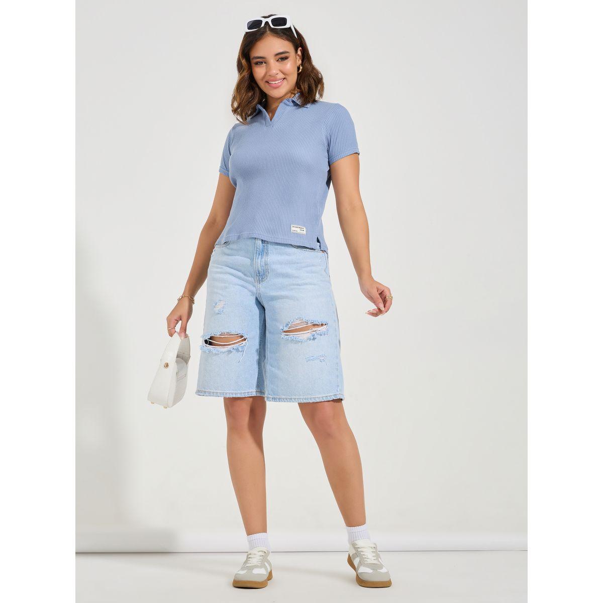 Styli Elevate Regular Fit Ribbed Polo T-Shirt with Side Slit-women-clothing-tshirts-image-2