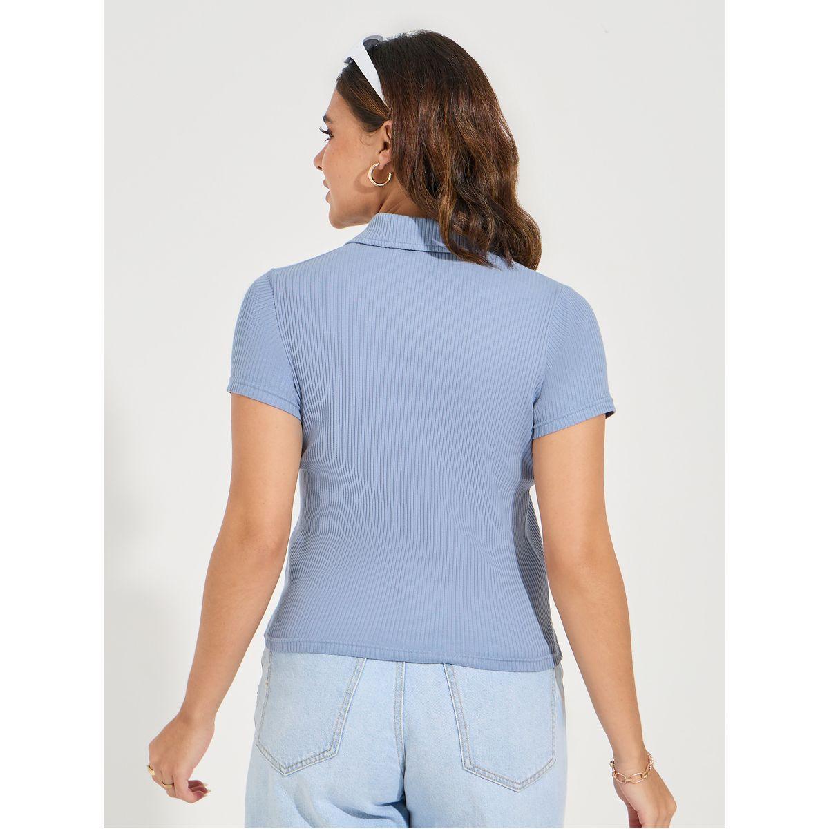 Styli Elevate Regular Fit Ribbed Polo T-Shirt with Side Slit-women-clothing-tshirts-image-4