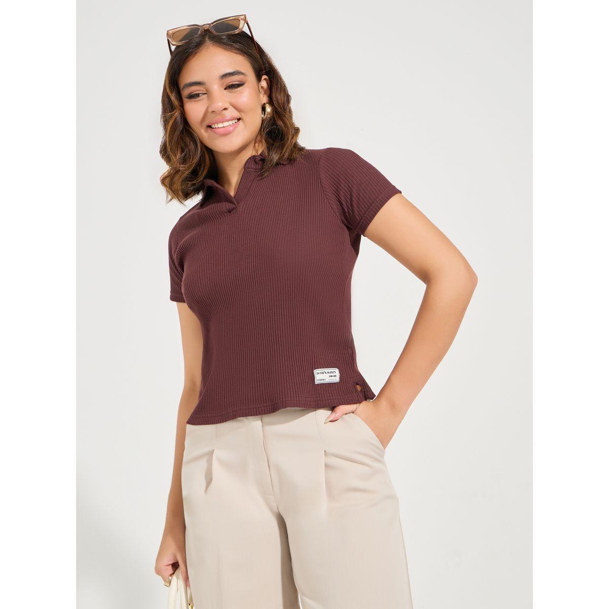 Styli Elevate Regular Fit Ribbed Polo T-Shirt with Side Slit-women-clothing-tshirts-image-1