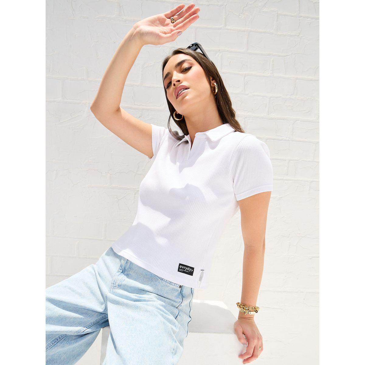 Styli Elevate Regular Fit Crop Ribbed Polo T-Shirt with Side Slit-women-clothing-tshirts-image-1