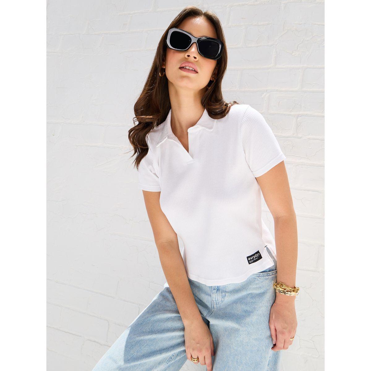 Styli Elevate Regular Fit Crop Ribbed Polo T-Shirt with Side Slit-women-clothing-tshirts-image-3