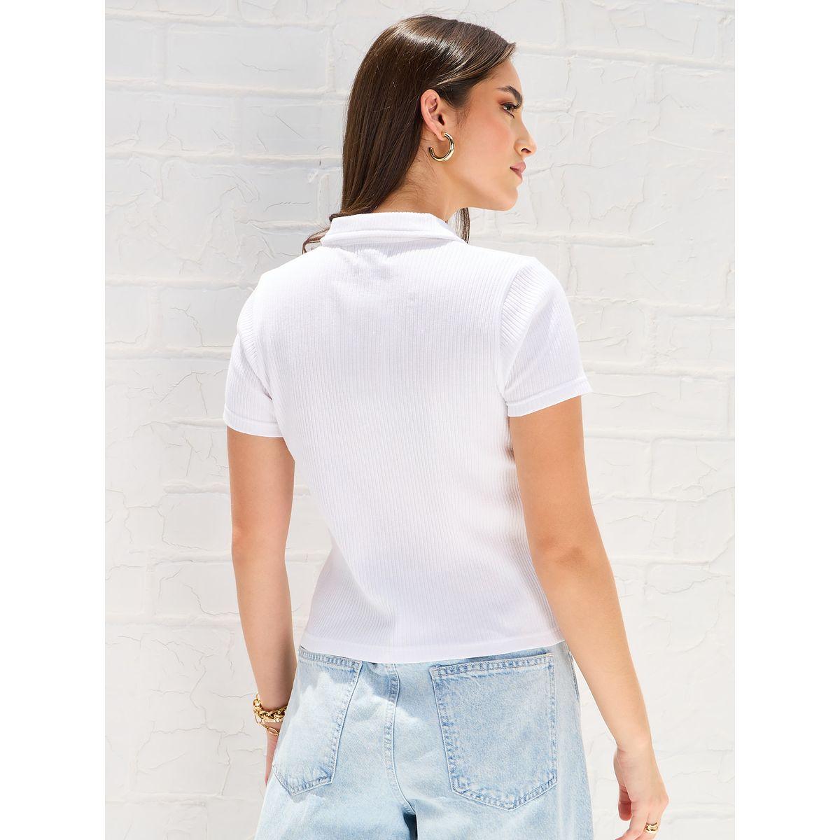 Styli Elevate Regular Fit Crop Ribbed Polo T-Shirt with Side Slit-women-clothing-tshirts-image-5