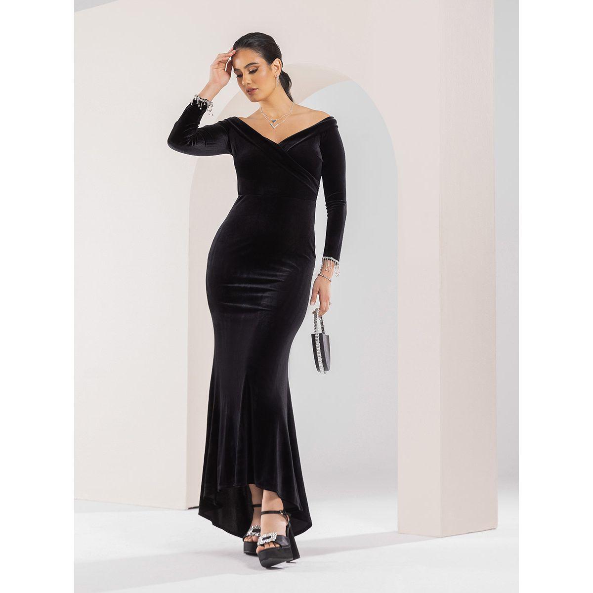 Styli Limited Velvet Off Shoulder Embellished Cuff Sleeves Trumpet Dress-women-clothing-dresses-image-1