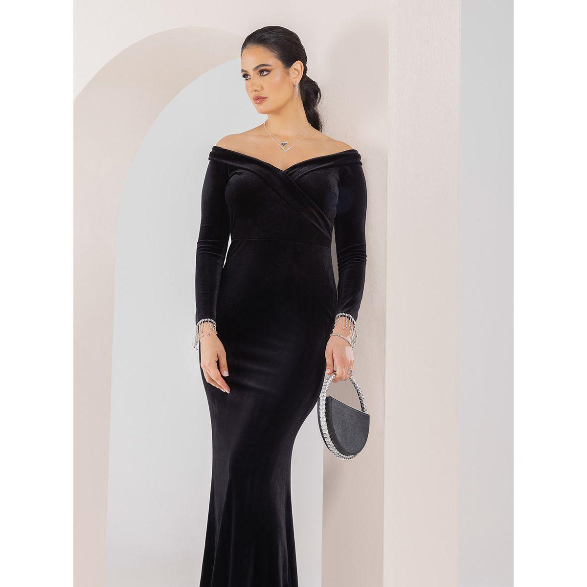 فستان مخملي باكتاف مكشوفة-women-clothing-dresses-image-2
