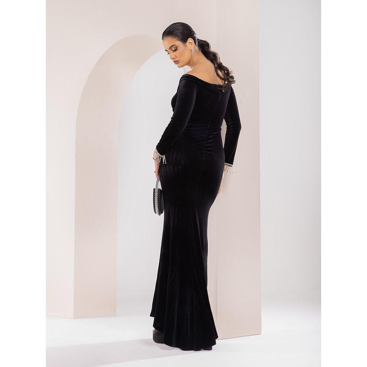 Styli Limited Velvet Off Shoulder Embellished Cuff Sleeves Trumpet Dress-women-clothing-dresses-image-4
