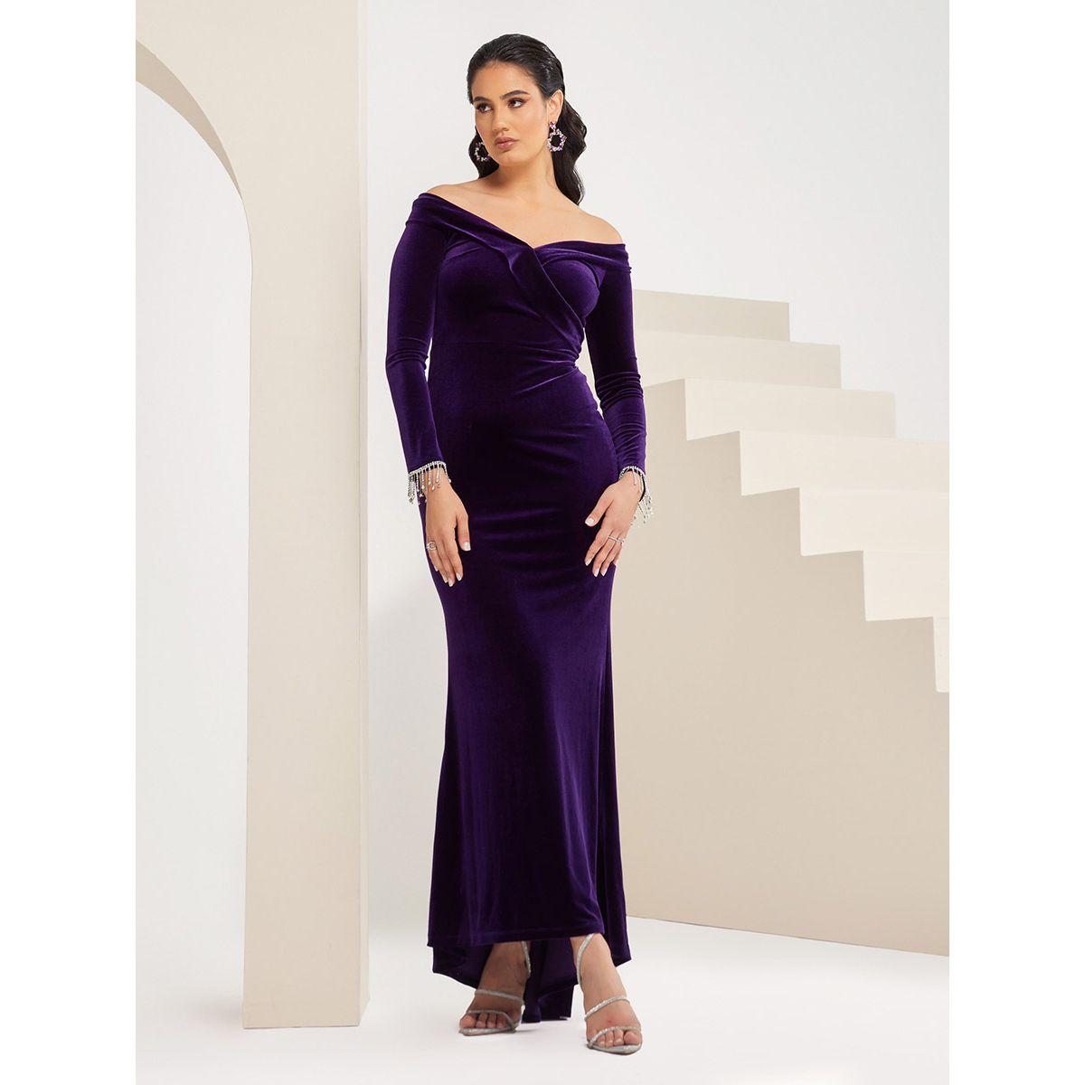 فستان مخملي باكتاف مكشوفة-women-clothing-dresses-image-1