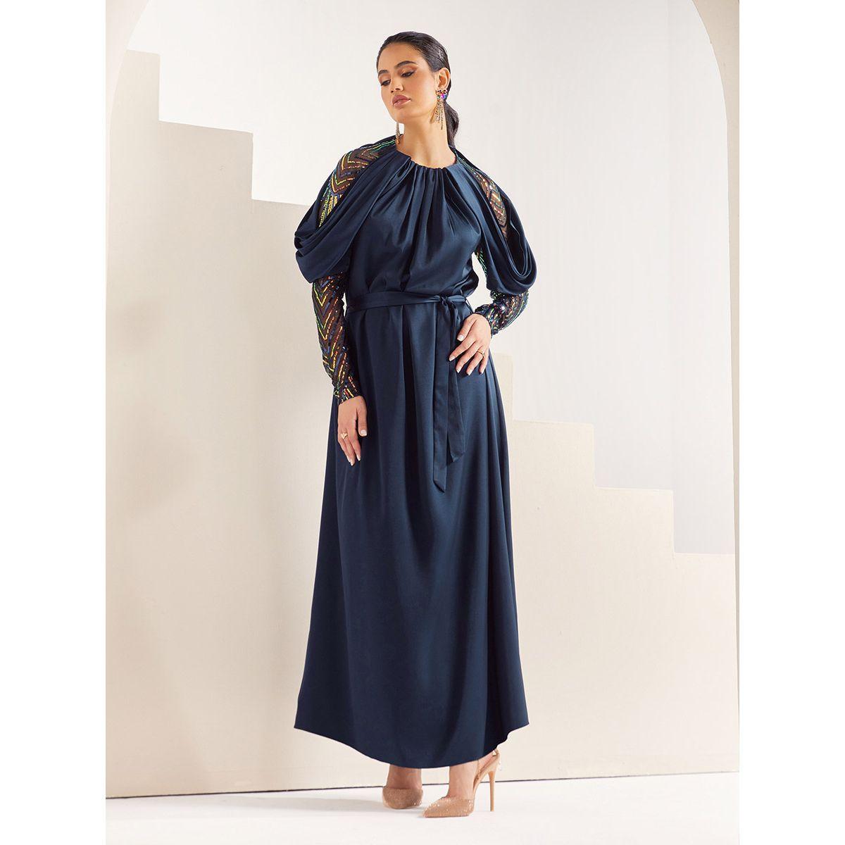 Styli Limited Satin Draped Maxi Dress with Sequin Detail Sleeves-women-clothing-dresses-image-1