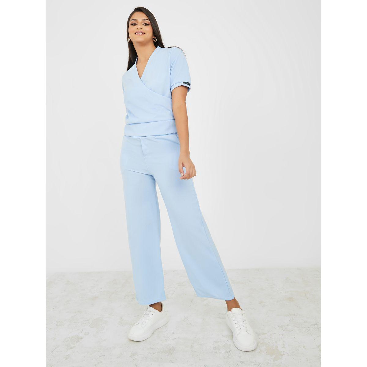 Styli Wrap Front V Neck Top & Straight Pants Co-Ord Set-women-clothing-coordsets-image-1