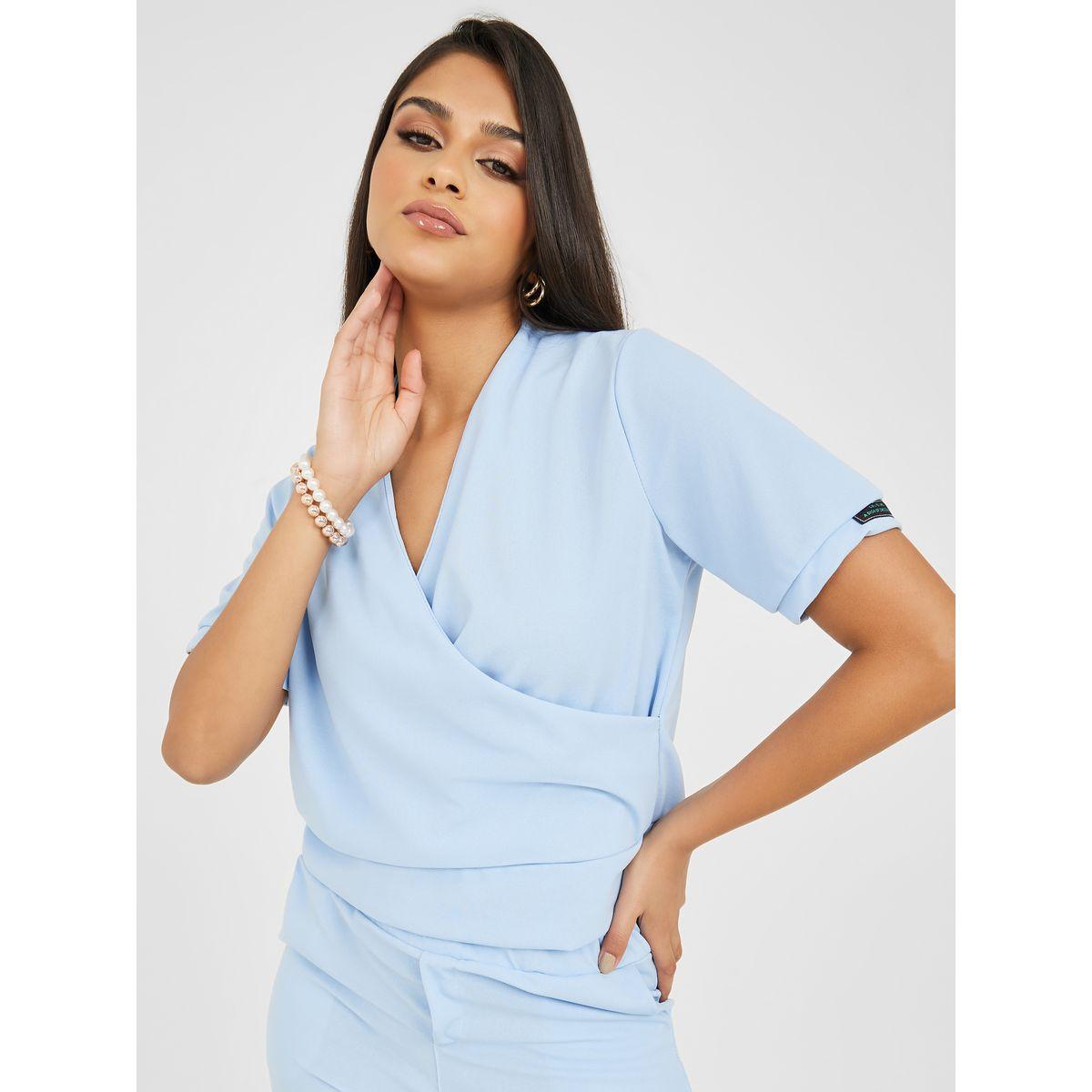Styli Wrap Front V Neck Top & Straight Pants Co-Ord Set-women-clothing-coordsets-image-2