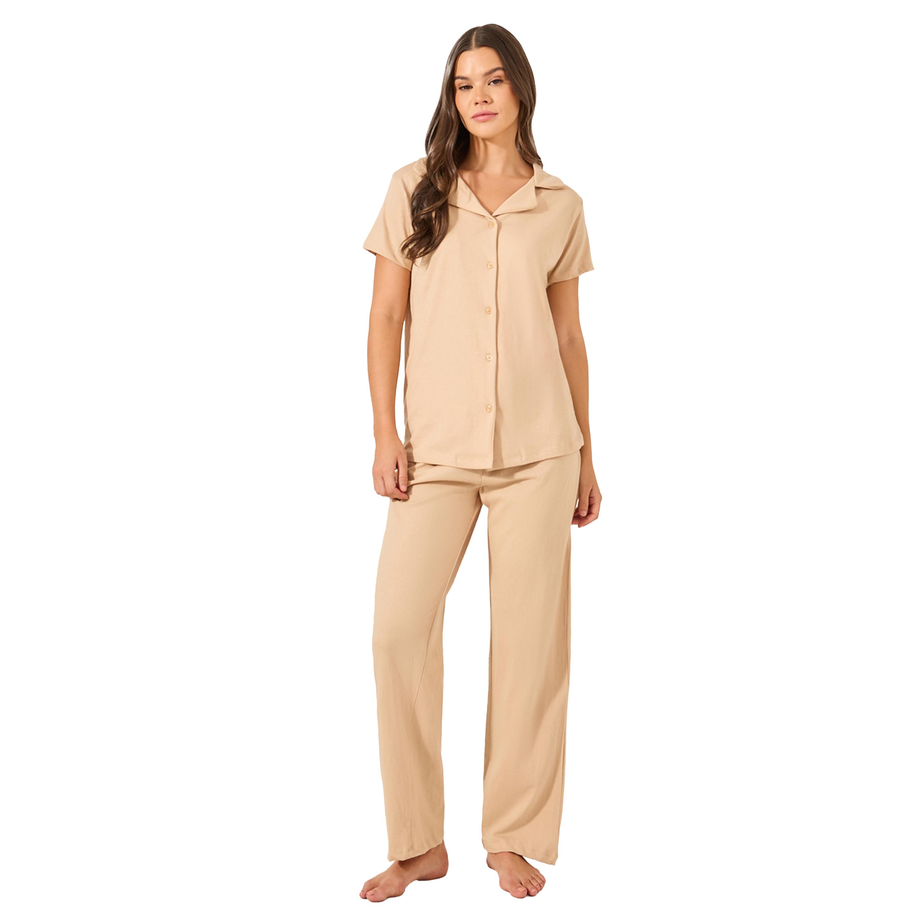 ستايلي -  طقم بيجاما وقميص جيرسي سادة بأكمام قصيرة للنساء-women-clothing-nightwear-pyjamas-longsets-image-1