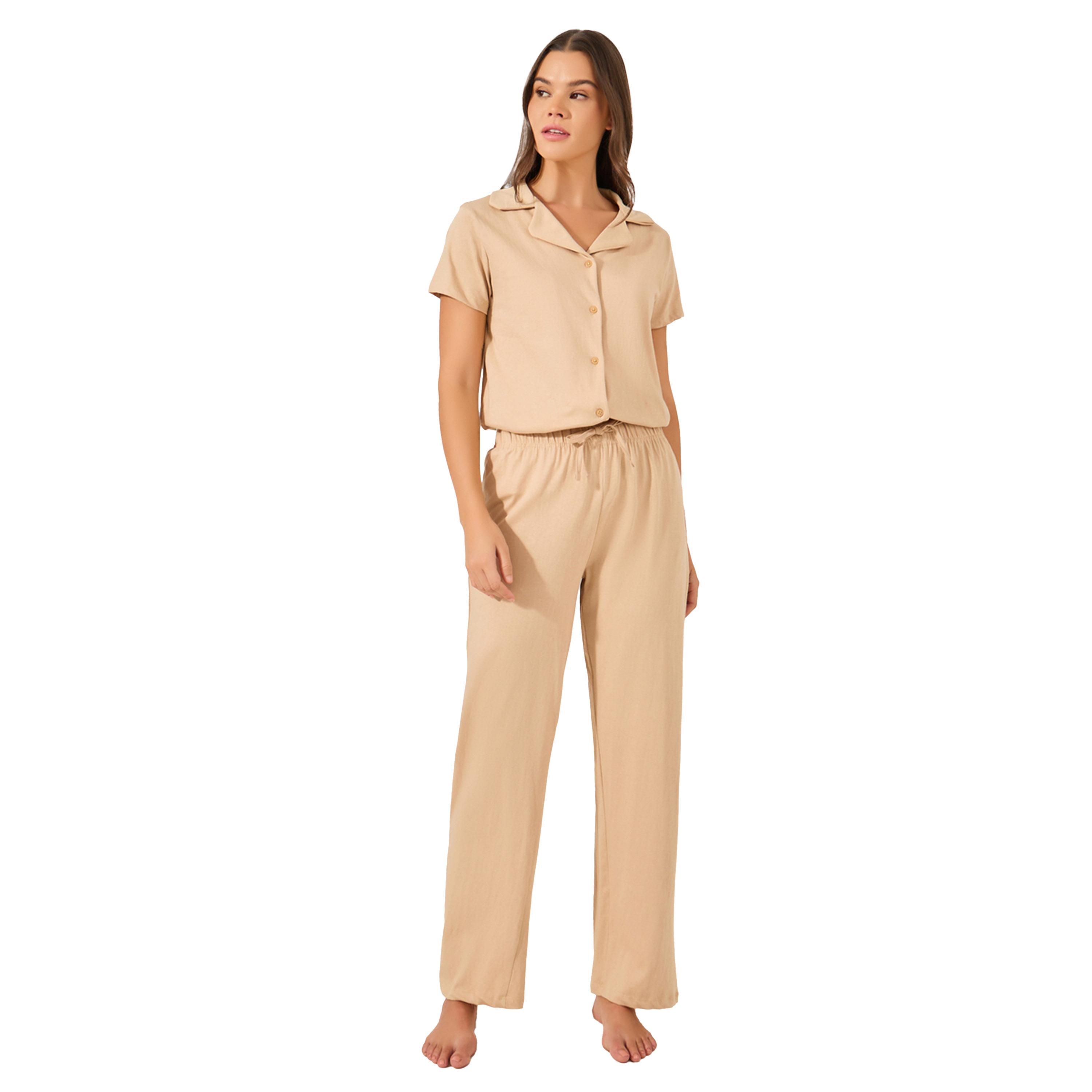 ستايلي -  طقم بيجاما وقميص جيرسي سادة بأكمام قصيرة للنساء-women-clothing-nightwear-pyjamas-longsets-image-2
