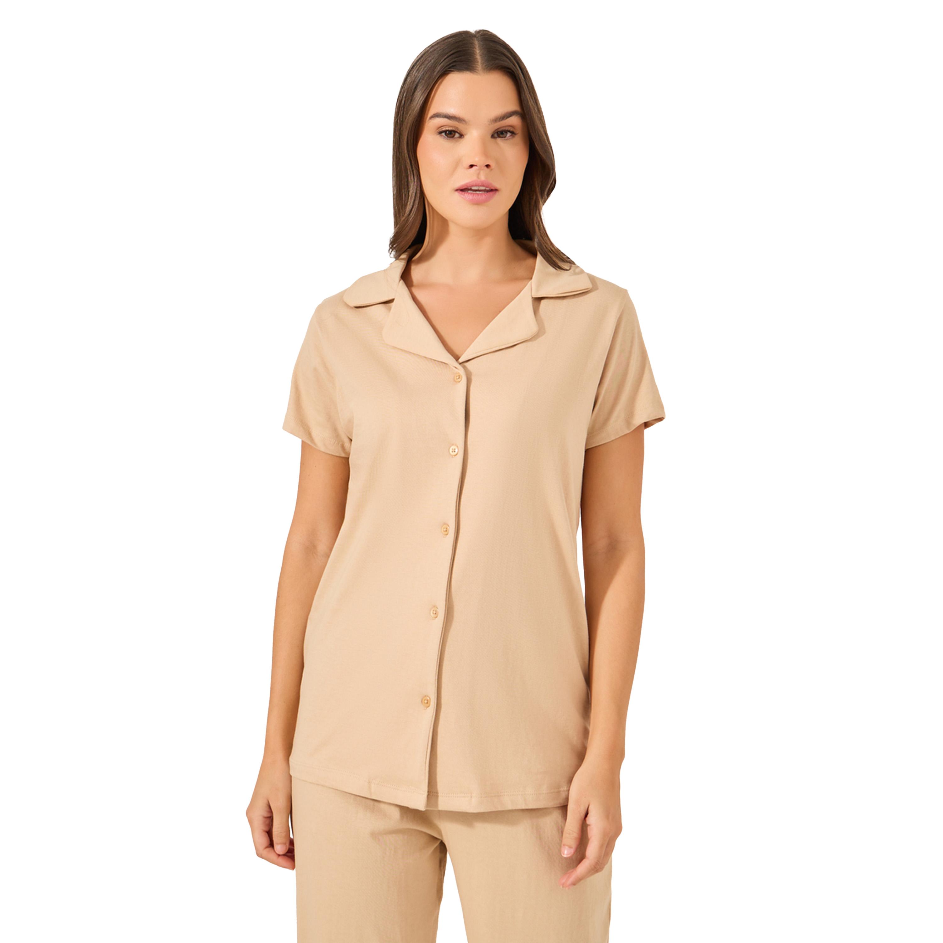 ستايلي -  طقم بيجاما وقميص جيرسي سادة بأكمام قصيرة للنساء-women-clothing-nightwear-pyjamas-longsets-image-3