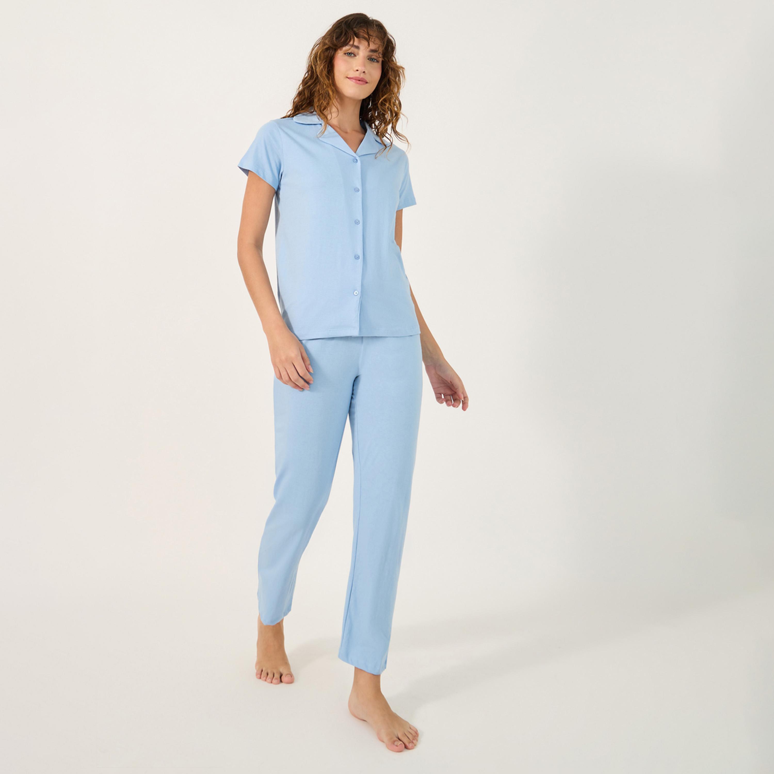 Styli Unwind Cotton Jersey Short Sleeve Button Thru Shirt And Pj Set-women-clothing-nightwear-pyjamas-longsets-image-1