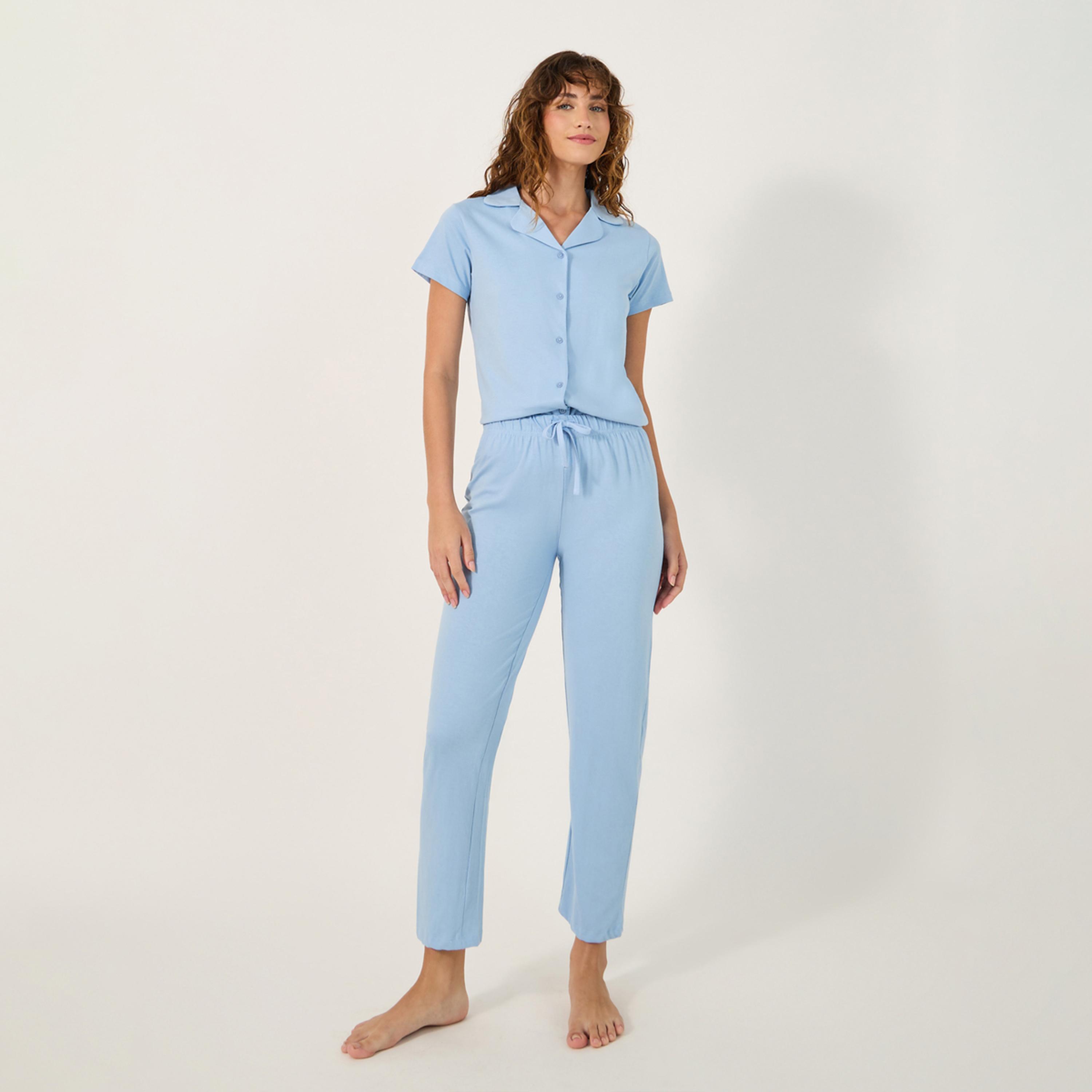 Styli Unwind Cotton Jersey Short Sleeve Button Thru Shirt And Pj Set-women-clothing-nightwear-pyjamas-longsets-image-2