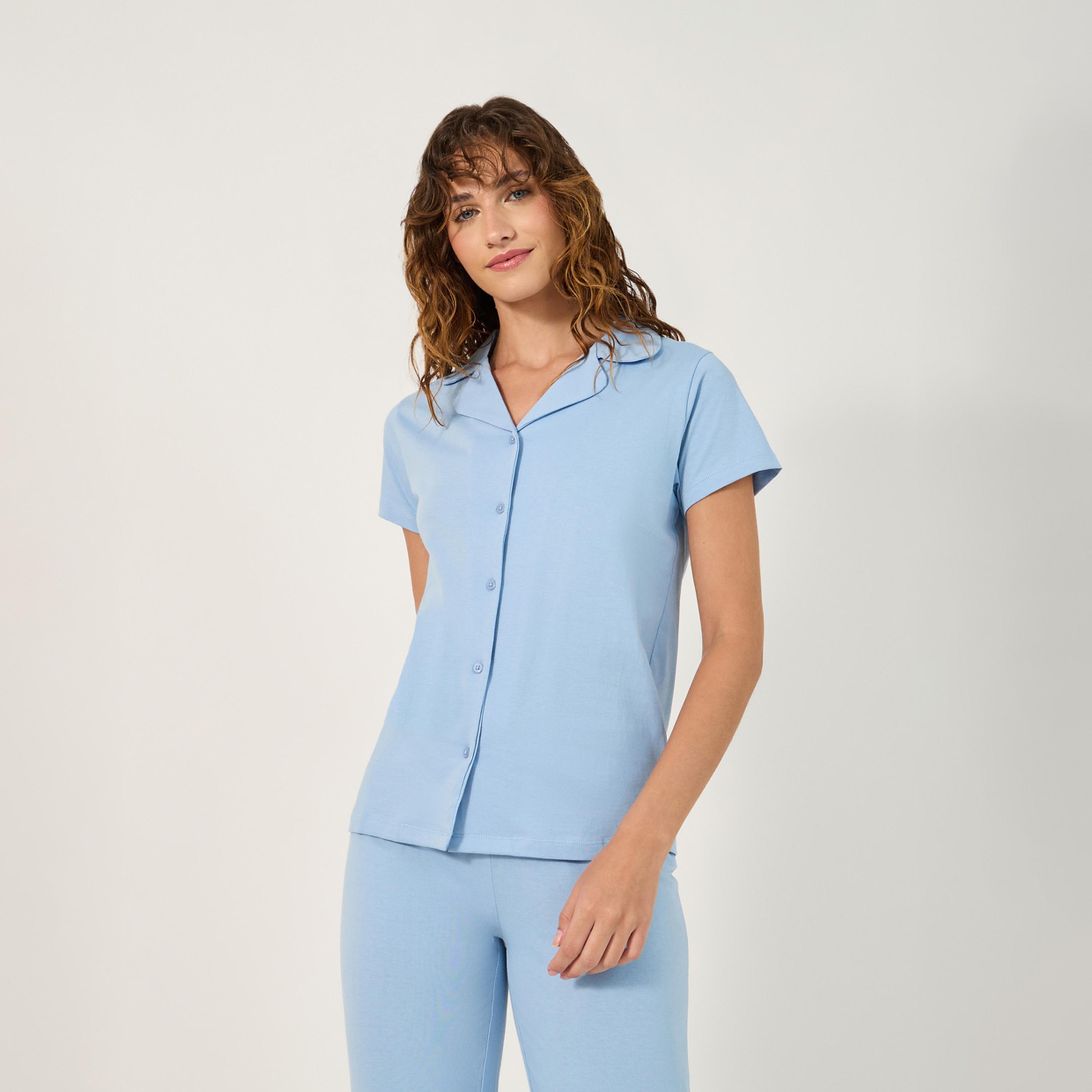 Styli Unwind Cotton Jersey Short Sleeve Button Thru Shirt And Pj Set-women-clothing-nightwear-pyjamas-longsets-image-3