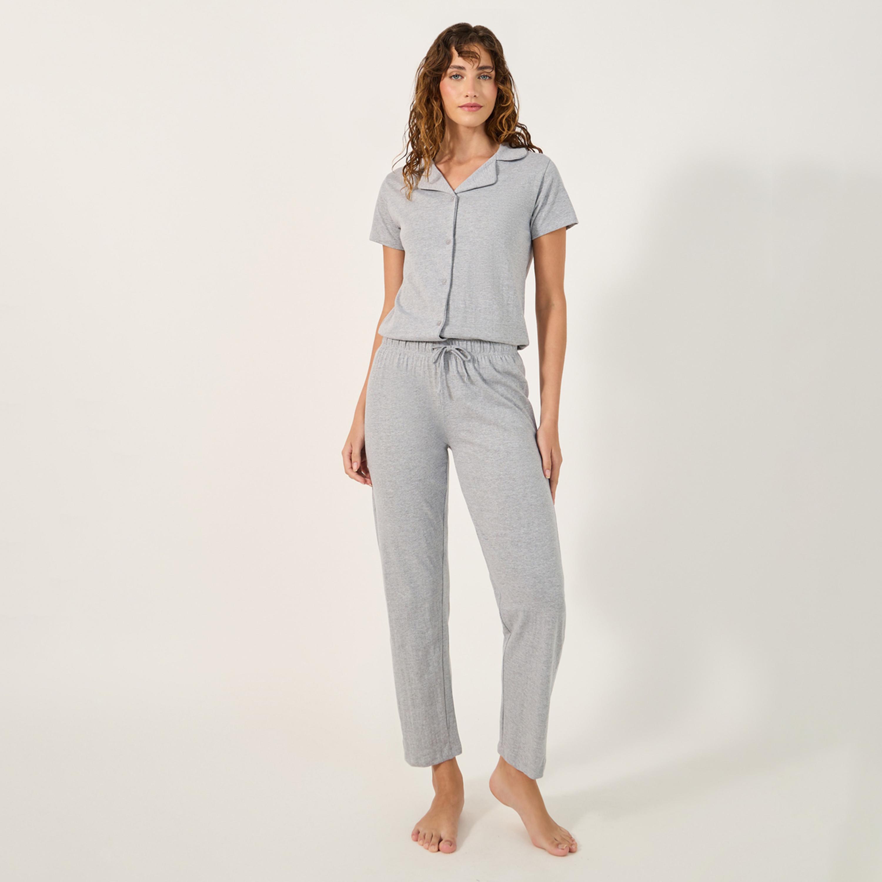ستايلي - أنوايند قميص من قماش الجيرسي القطني بأكمام قصيرة وأزرار مع بنطال بيجامة-women-clothing-nightwear-pyjamas-longsets-image-2
