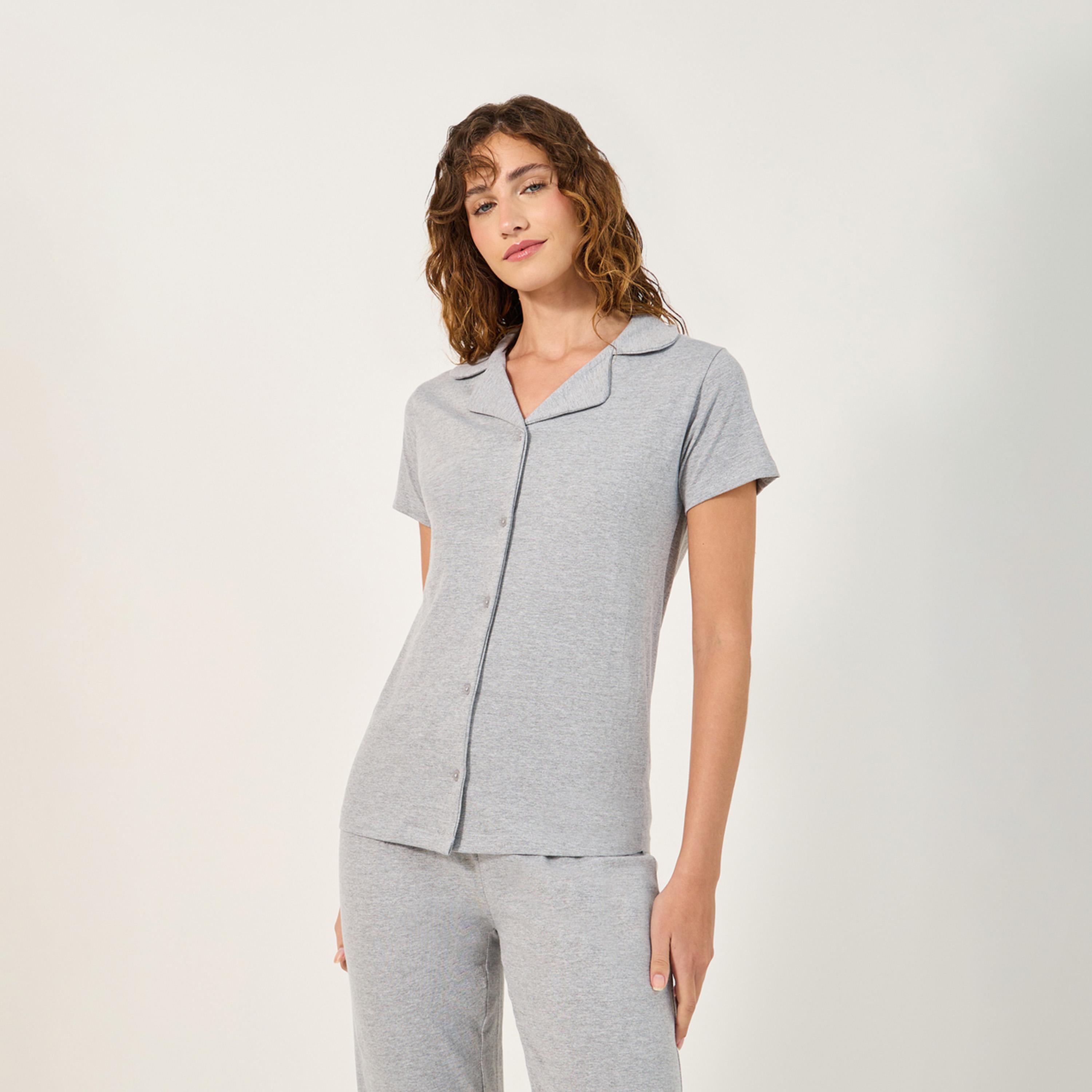 ستايلي - أنوايند قميص من قماش الجيرسي القطني بأكمام قصيرة وأزرار مع بنطال بيجامة-women-clothing-nightwear-pyjamas-longsets-image-3