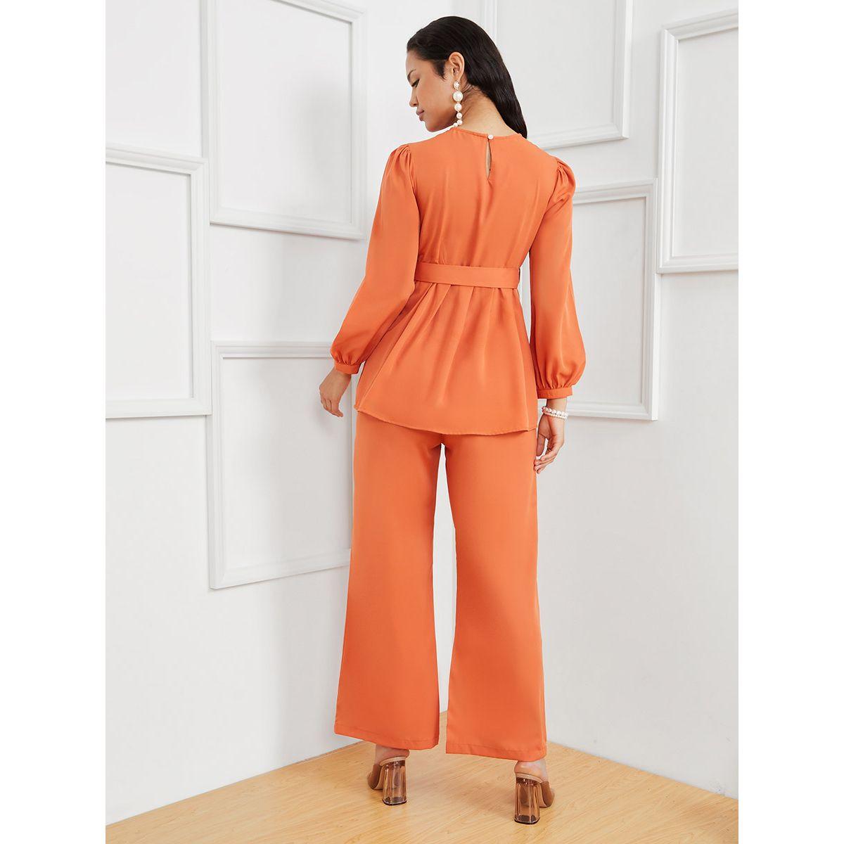 Styli Fold Pleated Belted Blouse & Trouser Co-Ord Set-women-clothing-coordsets-image-5
