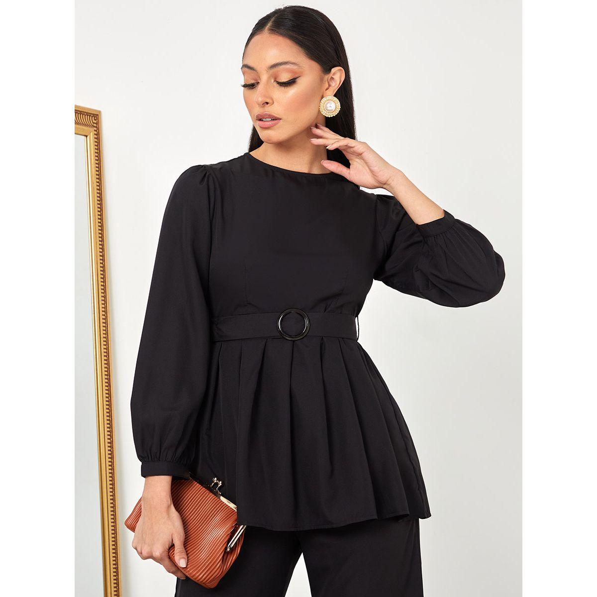 Styli Fold Pleated Belted Blouse & Trouser Co-Ord Set-women-clothing-coordsets-image-2