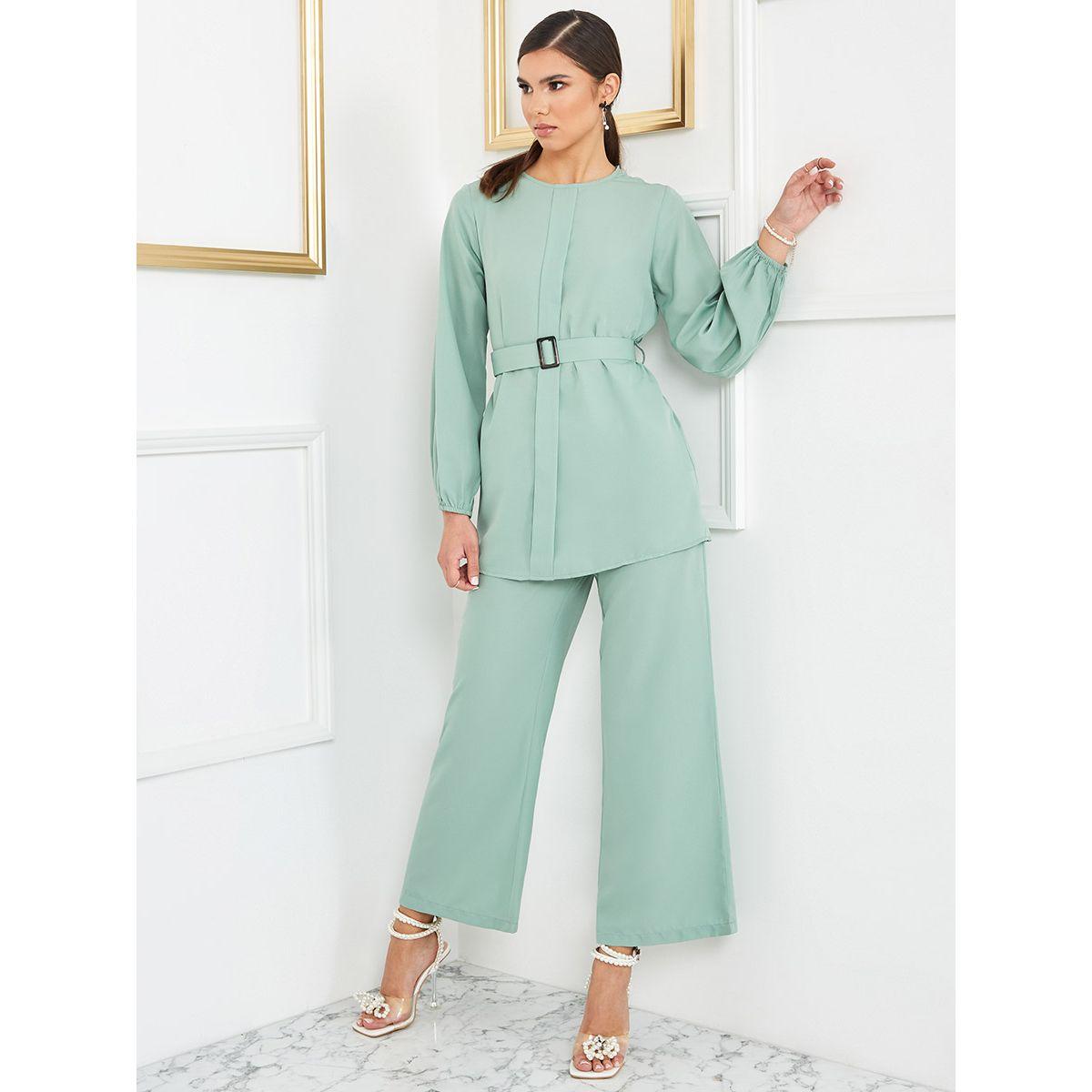 Styli Solid Belt Detail Long Sleeve Top and Trouser Set-women-clothing-coordsets-image-1