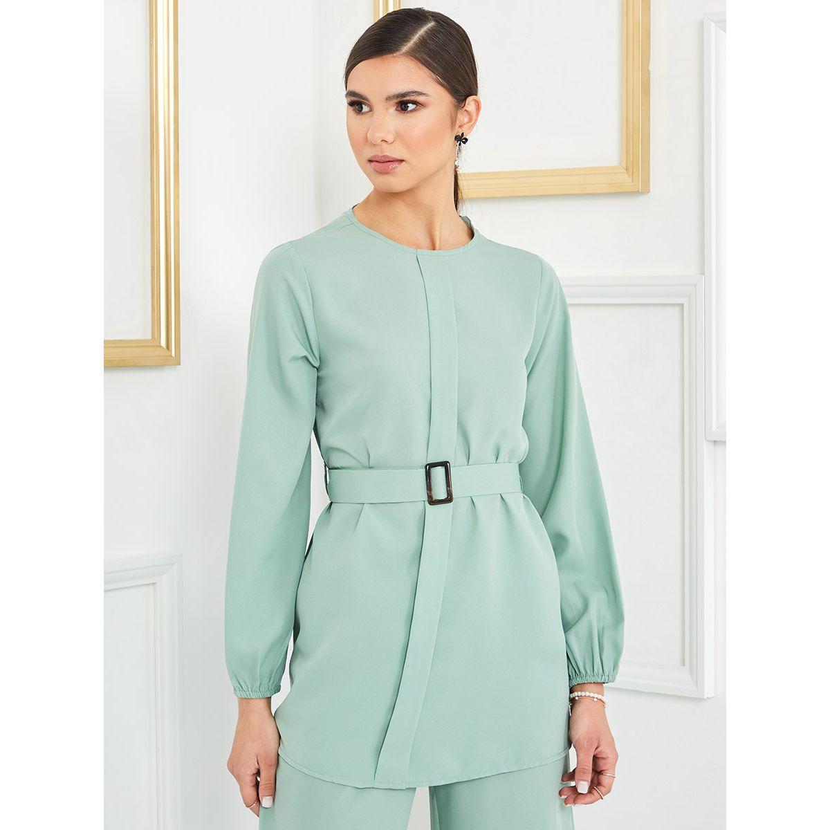 Styli Solid Belt Detail Long Sleeve Top and Trouser Set-women-clothing-coordsets-image-2