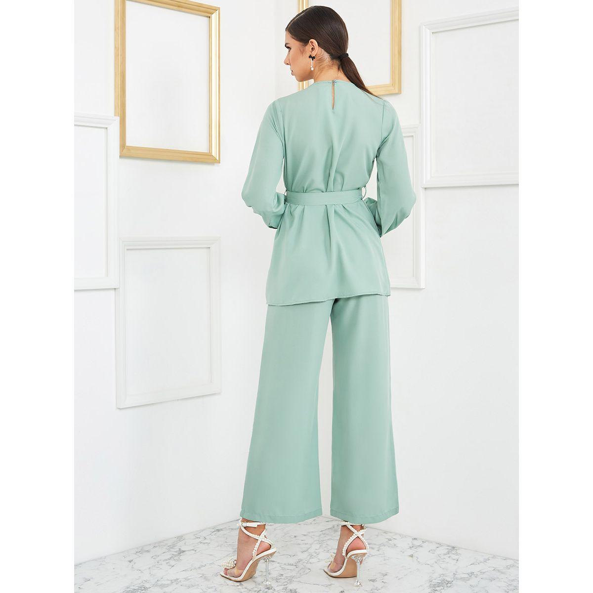 Styli Solid Belt Detail Long Sleeve Top and Trouser Set-women-clothing-coordsets-image-5