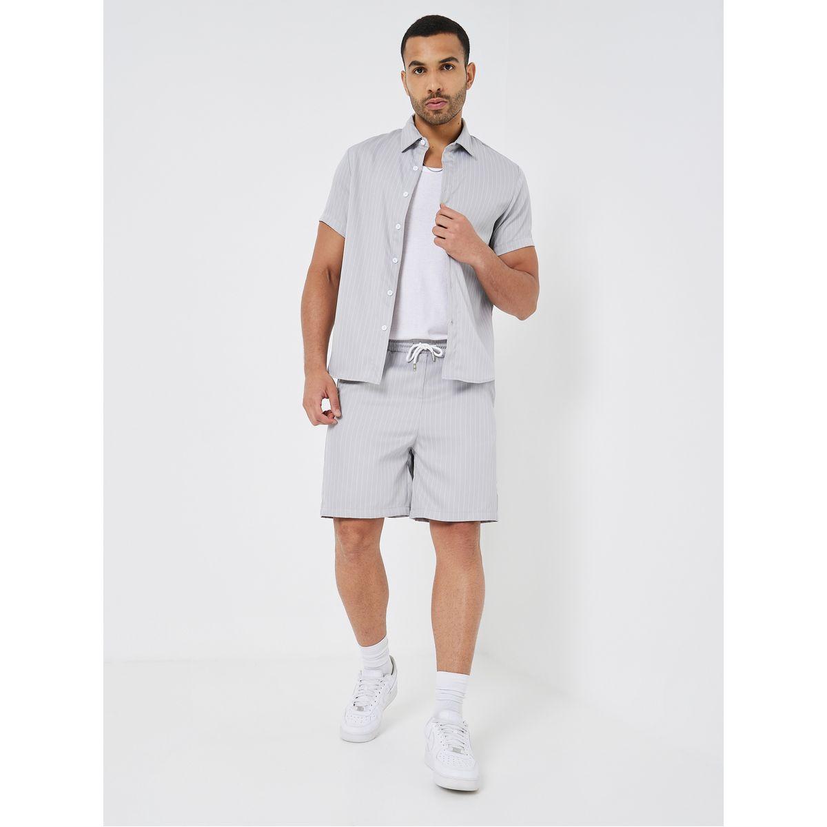 Styli Woven Pinstriped Shirt & Shorts Co-Ord Set-men-clothing-coordsets-image-3