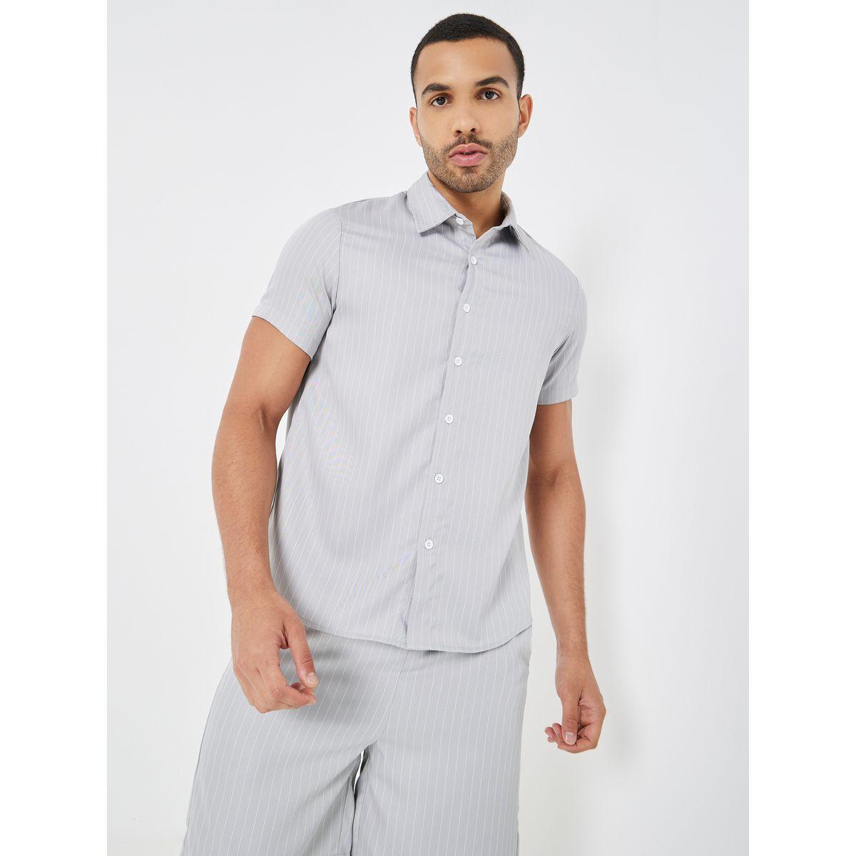 Styli Woven Pinstriped Shirt & Shorts Co-Ord Set-men-clothing-coordsets-image-4