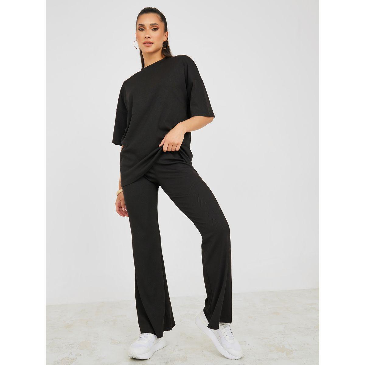 Styli Ribbed Oversized T-Shirt & Flared Pants Co-Ord Set-women-clothing-coordsets-image-1