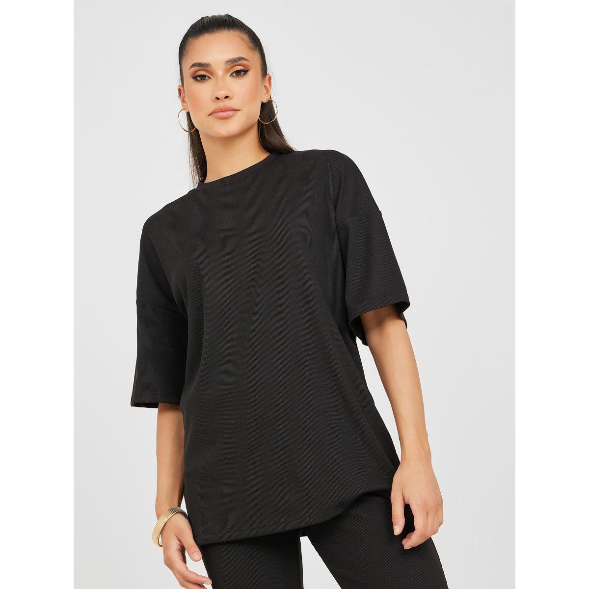 Styli Ribbed Oversized T-Shirt & Flared Pants Co-Ord Set-women-clothing-coordsets-image-2