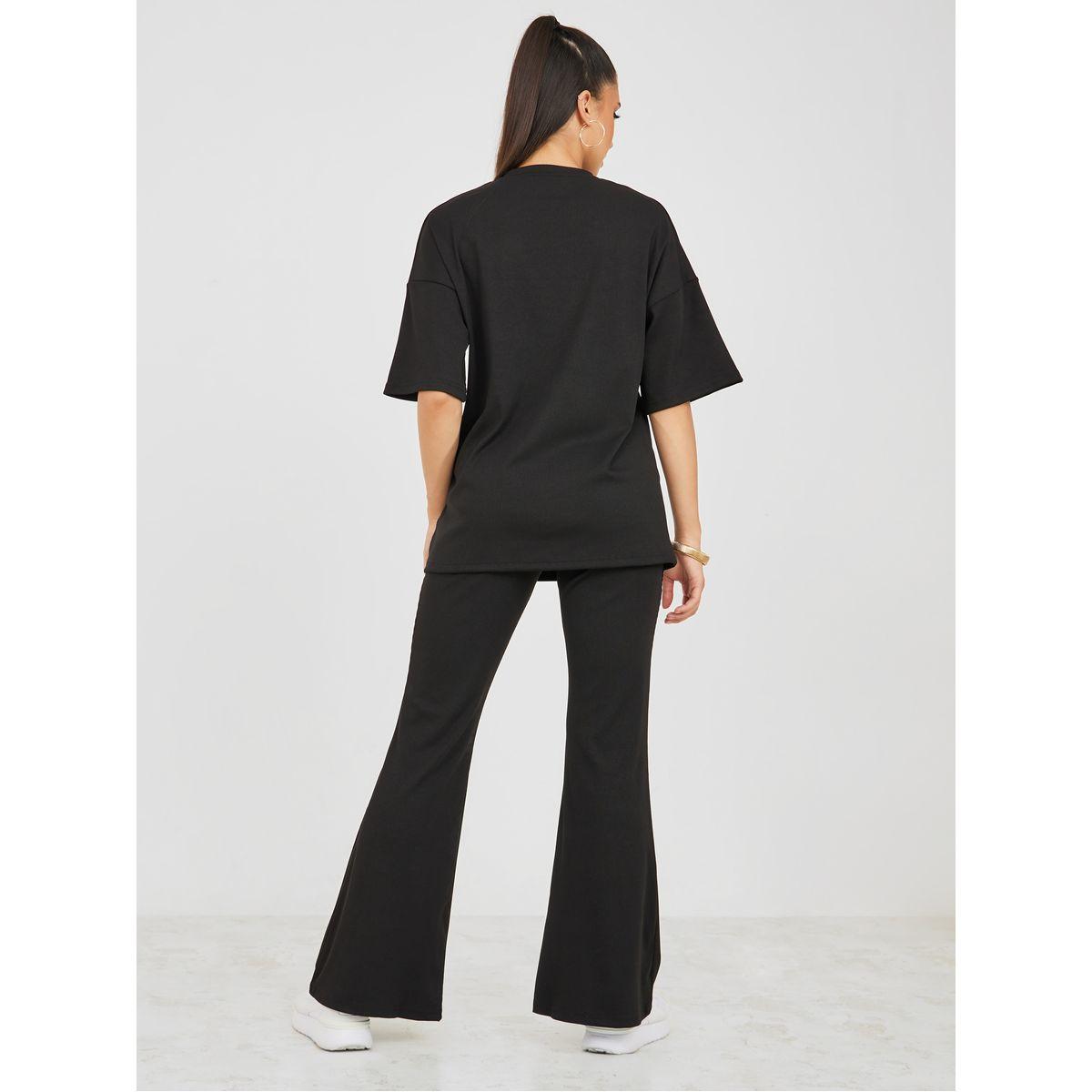 Styli Ribbed Oversized T-Shirt & Flared Pants Co-Ord Set-women-clothing-coordsets-image-5