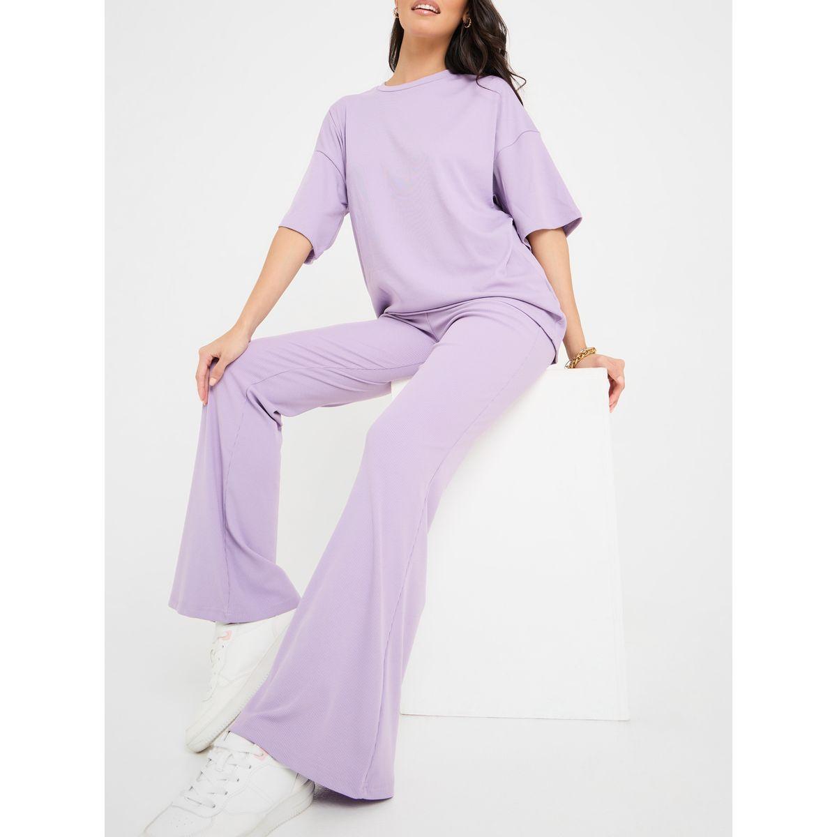 Styli Ribbed Oversized T-Shirt & Flared Trouser Co-Ord Set-women-clothing-coordsets-image-1