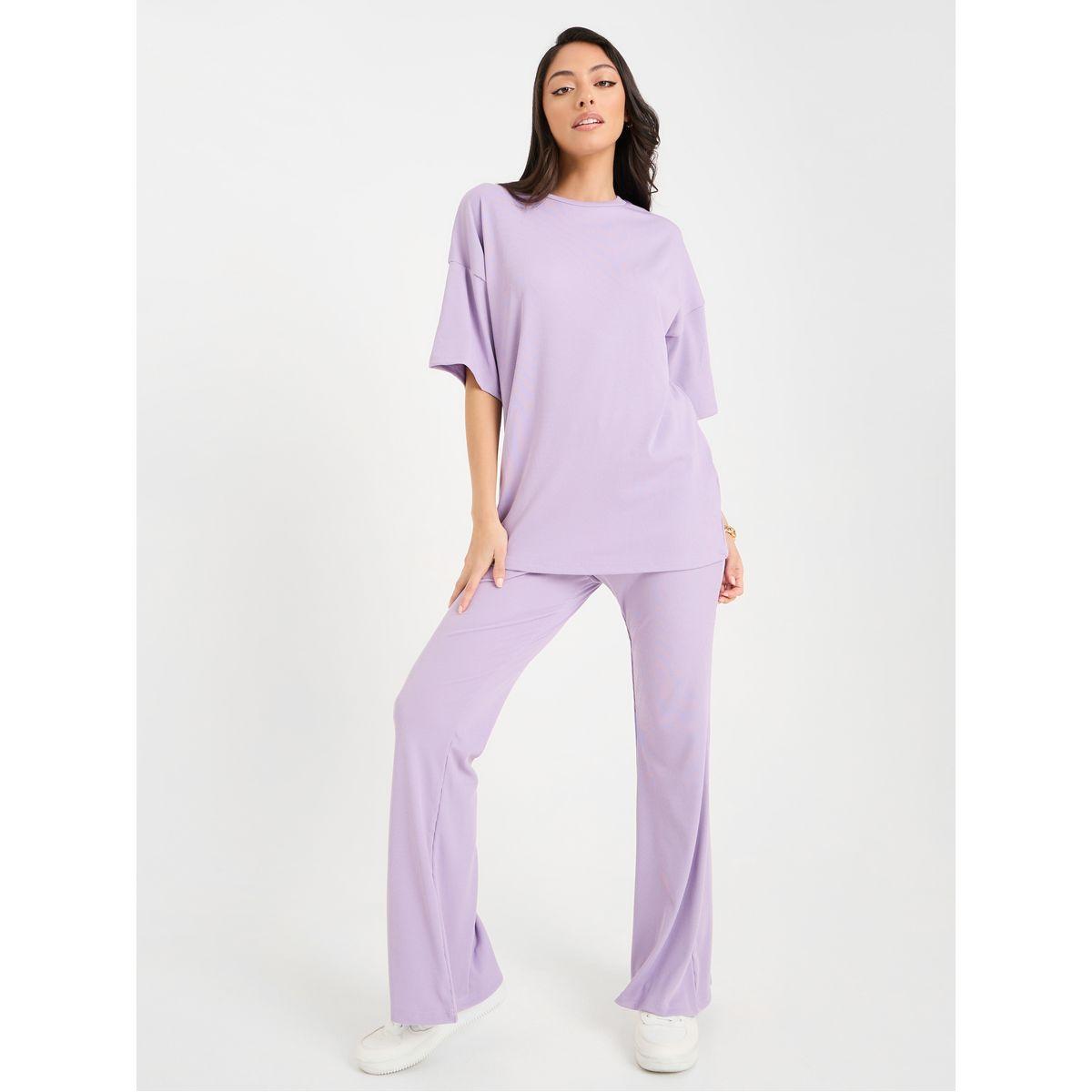 Styli Ribbed Oversized T-Shirt & Flared Trouser Co-Ord Set-women-clothing-coordsets-image-2