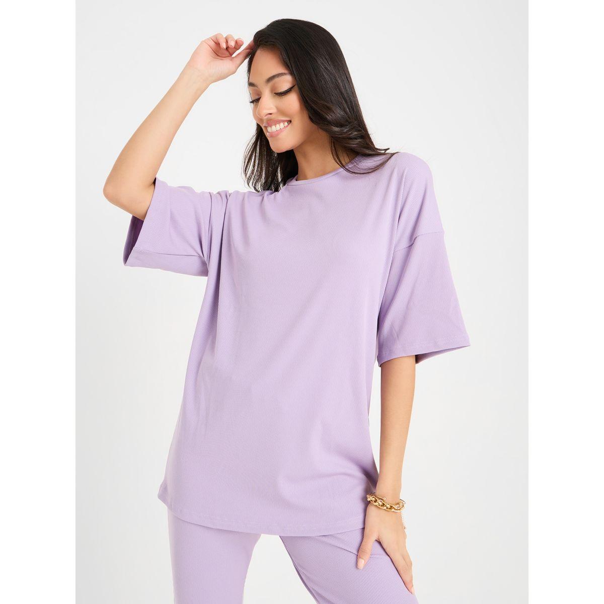 Styli Ribbed Oversized T-Shirt & Flared Trouser Co-Ord Set-women-clothing-coordsets-image-3