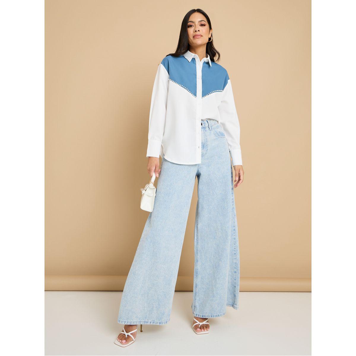 Styli Colorblock Faux Pearl Panel Oversized Shirt-women-clothing-shirtsandblouses-shirts-image-2