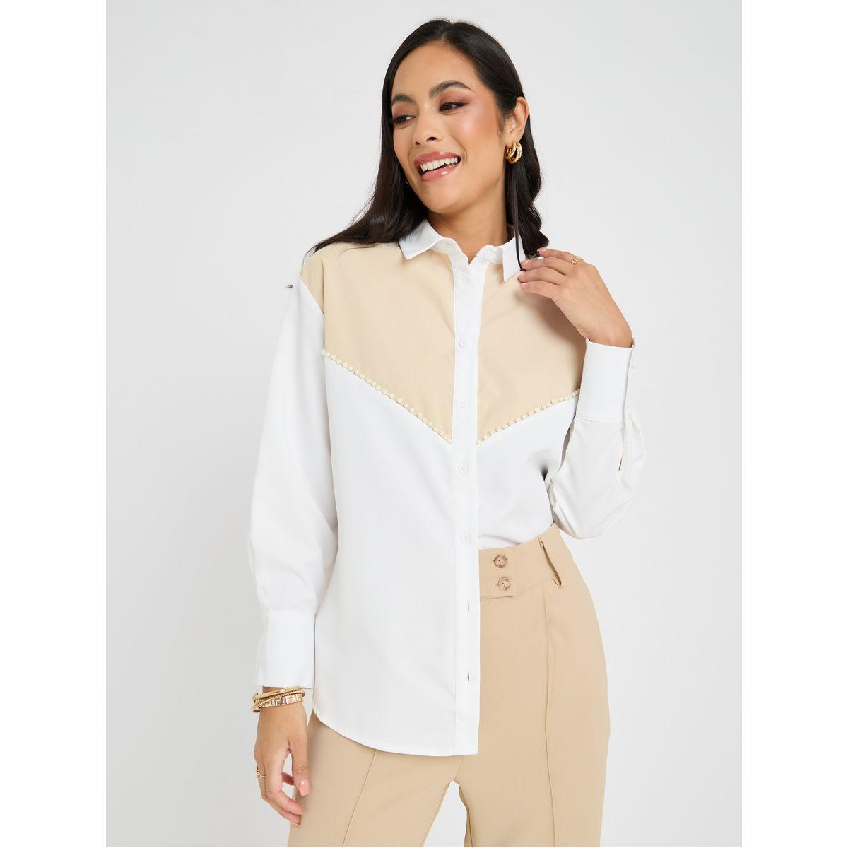 Styli Colorblock Faux Pearl Panel Oversized Shirt-women-clothing-shirtsandblouses-shirts-image-1