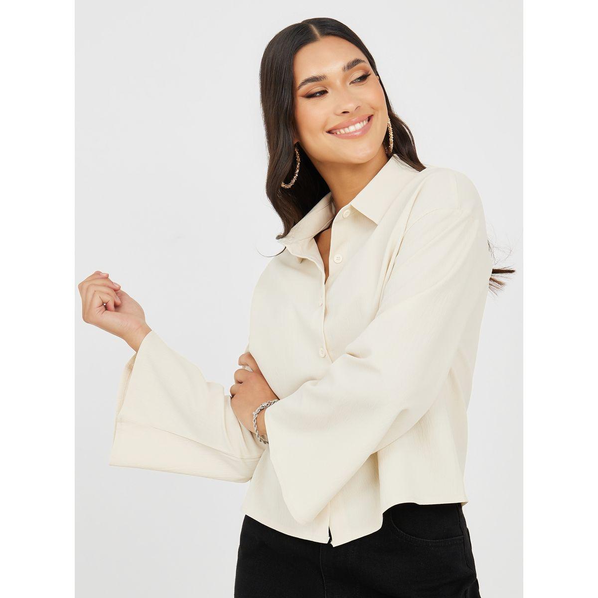 Styli Solid Flute Sleeve Shirt with Button Placket-women-clothing-shirtsandblouses-shirts-image-3