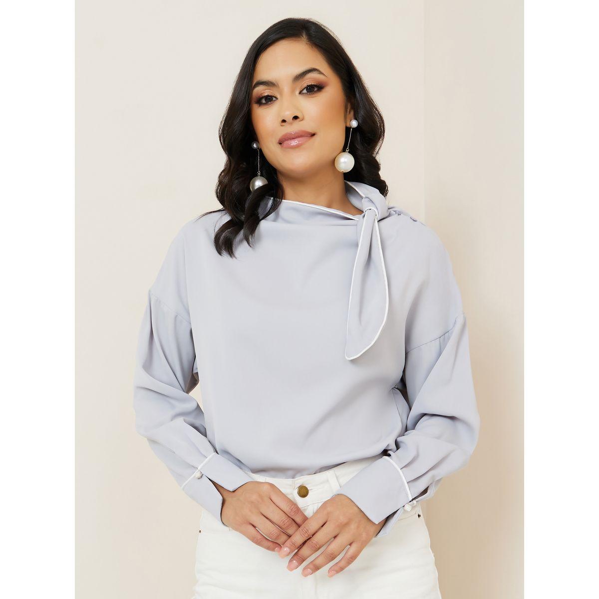 Styli Bow Tie Neck Contrast Piping Regular Fit Blouse-women-clothing-shirtsandblouses-blouses-image-1