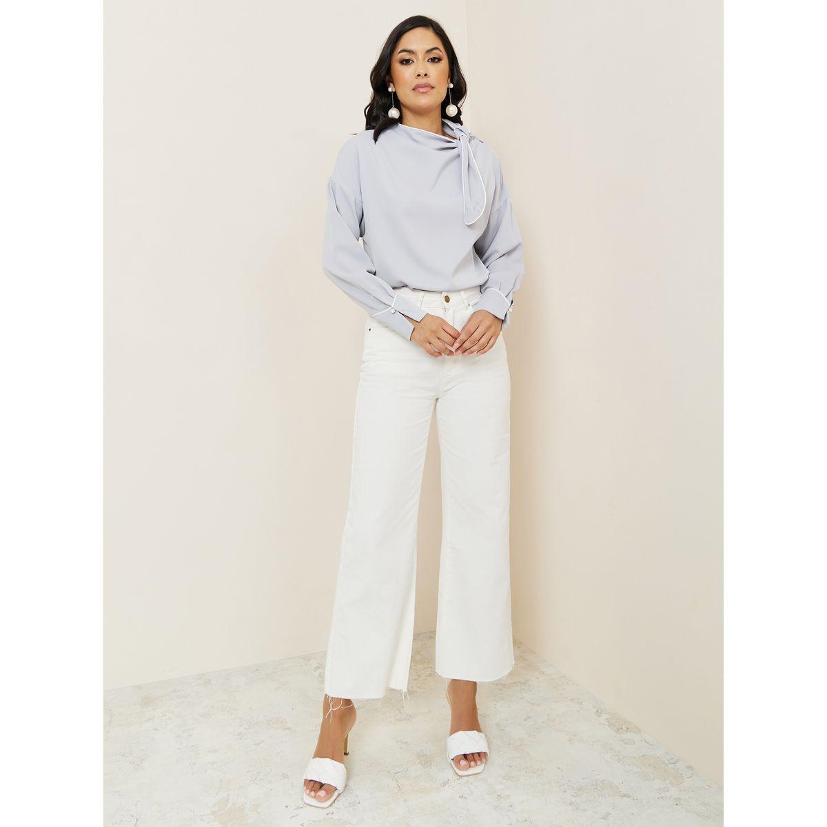 Styli Bow Tie Neck Contrast Piping Regular Fit Blouse-women-clothing-shirtsandblouses-blouses-image-2