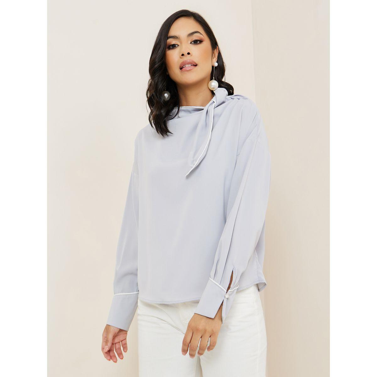 Styli Bow Tie Neck Contrast Piping Regular Fit Blouse-women-clothing-shirtsandblouses-blouses-image-3