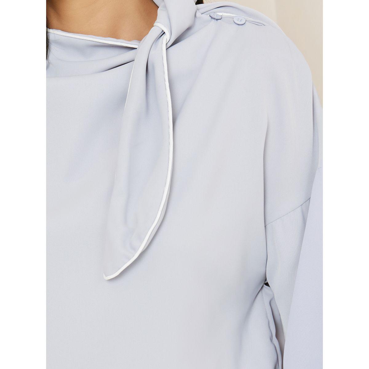 Styli Bow Tie Neck Contrast Piping Regular Fit Blouse-women-clothing-shirtsandblouses-blouses-image-4