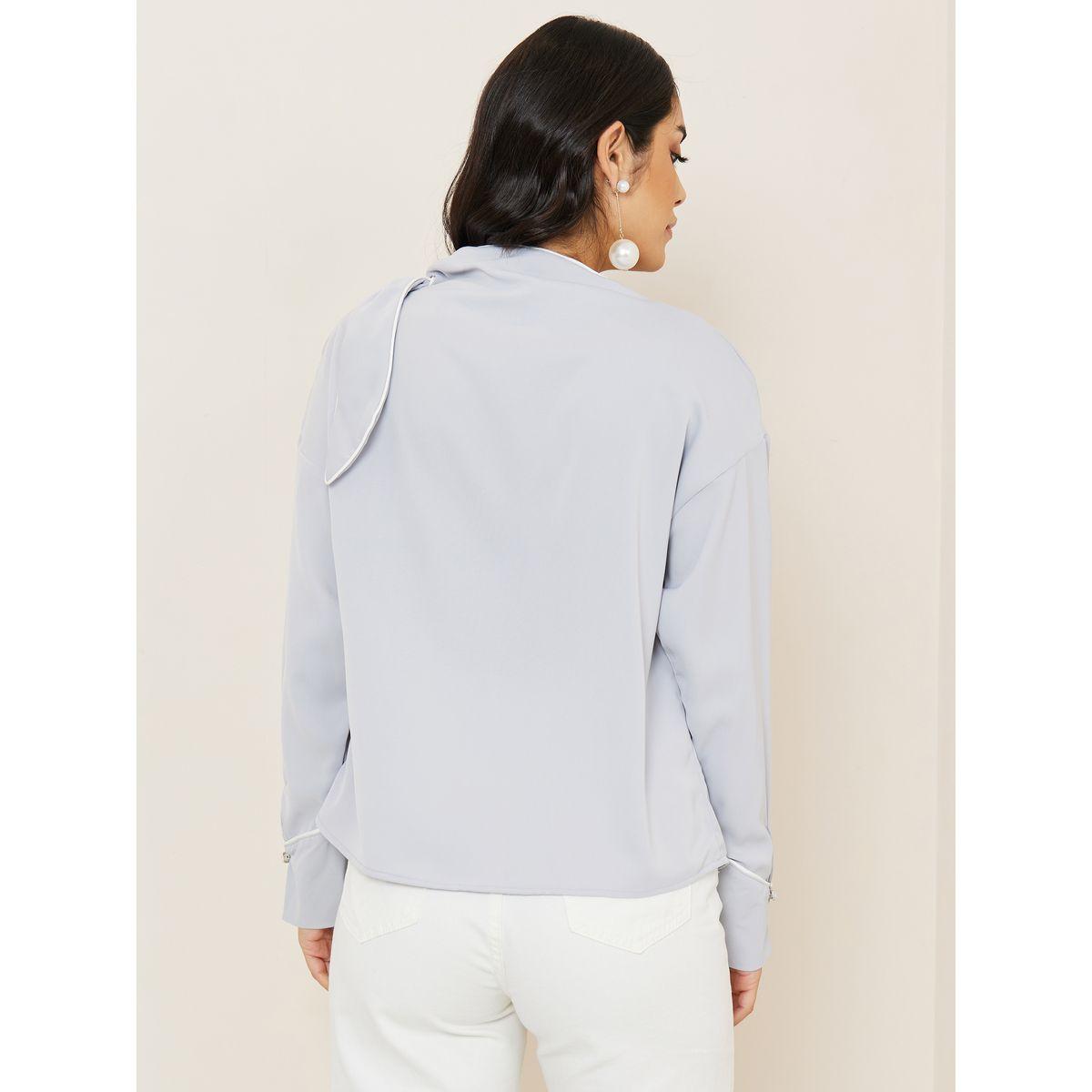 Styli Bow Tie Neck Contrast Piping Regular Fit Blouse-women-clothing-shirtsandblouses-blouses-image-5