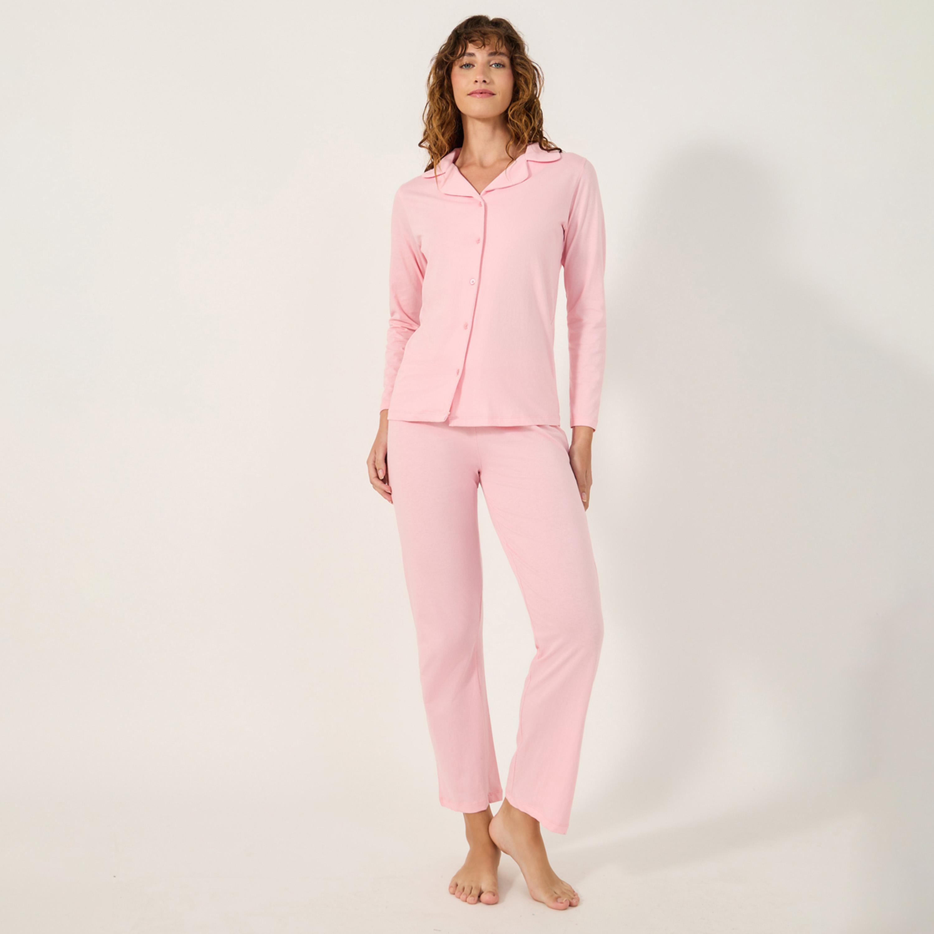 ستايلي - أنوايند قميص من قماش الجيرسي القطني بأكمام طويلة وأزرار مع بنطال بيجامة-women-clothing-nightwear-pyjamas-longsets-image-1