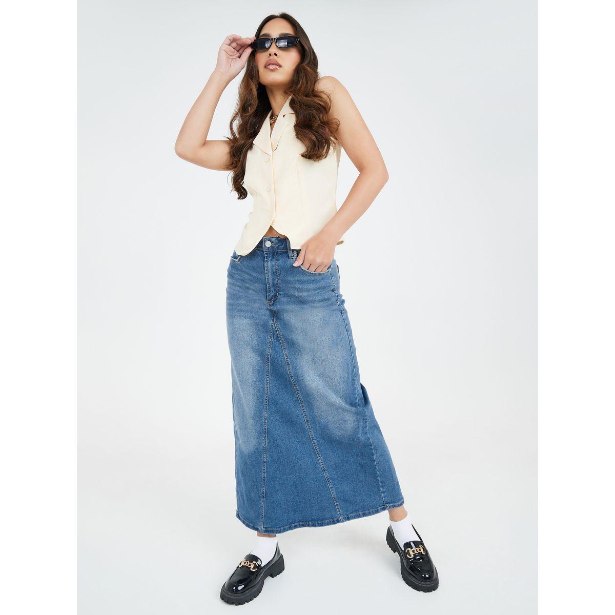Styli Panelled Flare Denim Skirt with Pockets-women-clothing-bottoms-skirts-image-1
