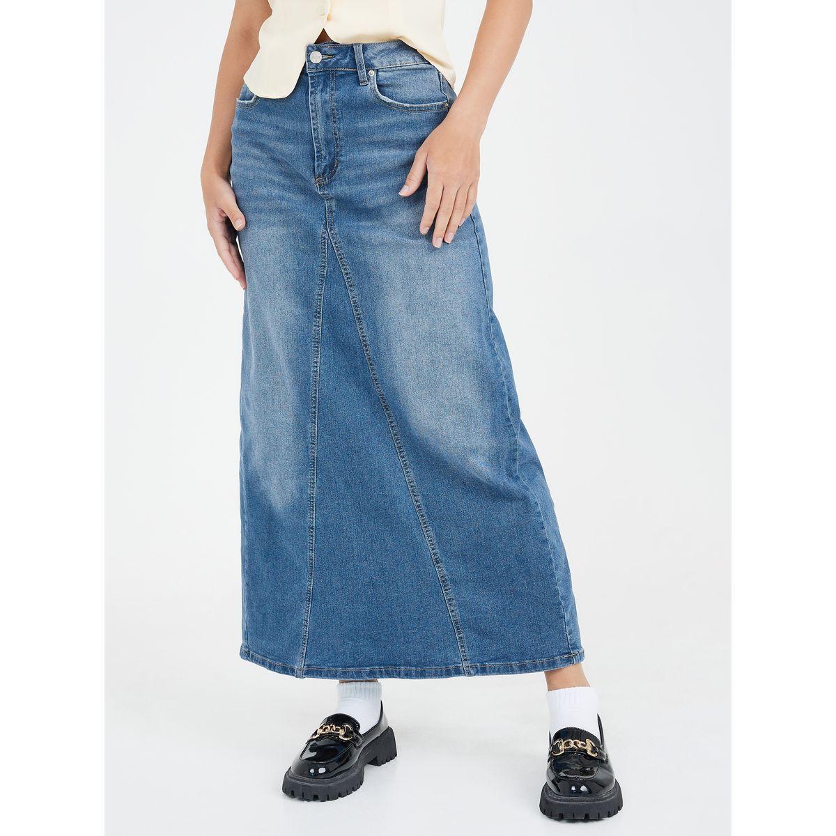 Styli Panelled Flare Denim Skirt with Pockets-women-clothing-bottoms-skirts-image-2