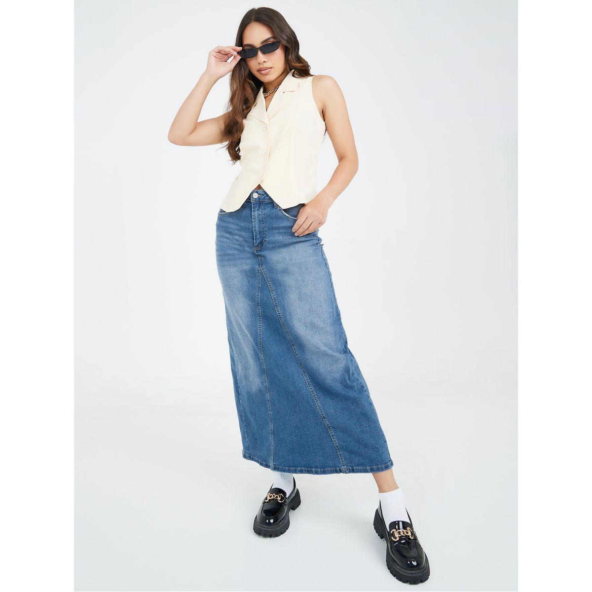 Styli Panelled Flare Denim Skirt with Pockets-women-clothing-bottoms-skirts-image-5