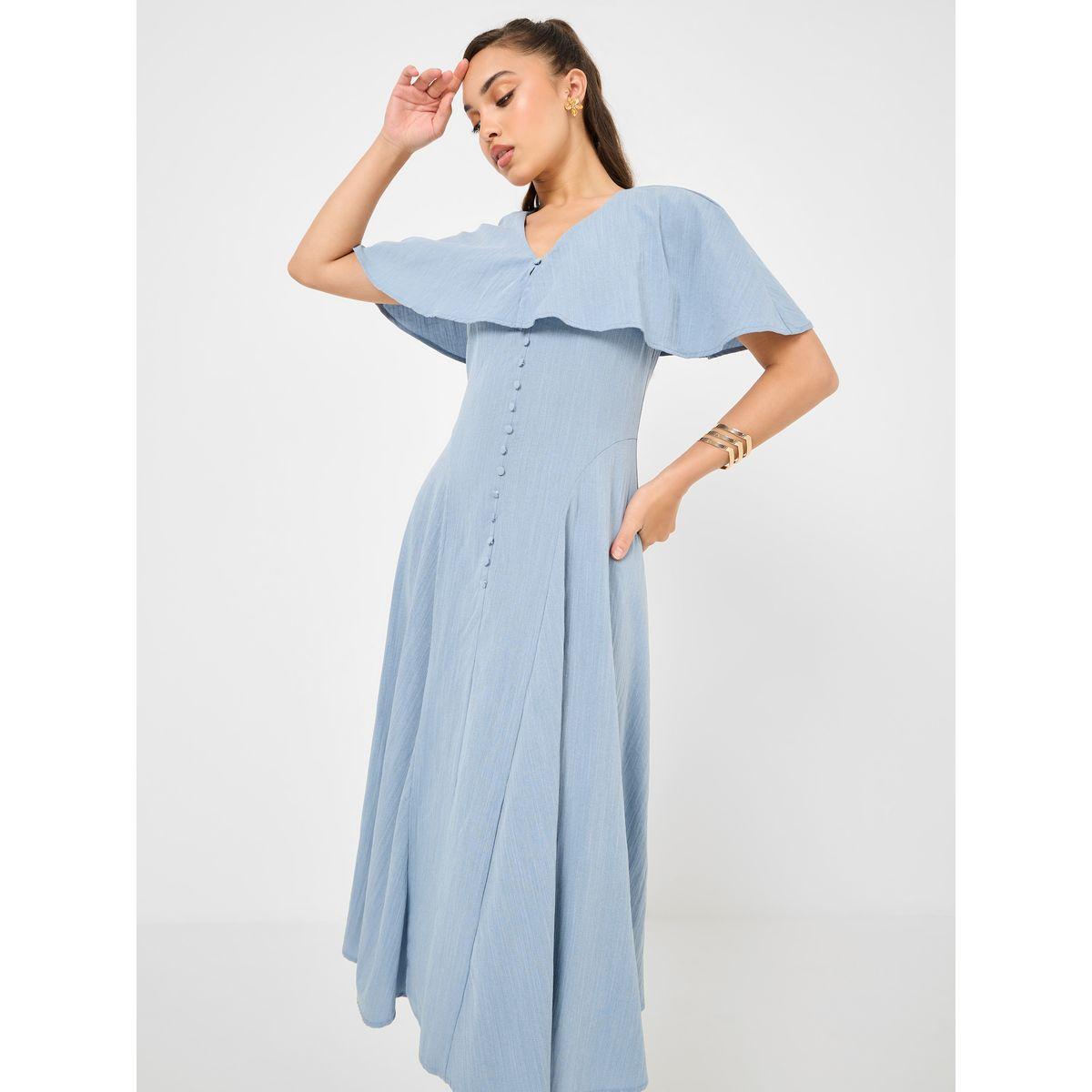 Styli Solid Cape Sleeve A-Line Midi Dress with Buttons-women-clothing-dresses-image-1