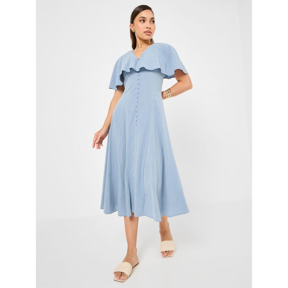 Styli Solid Cape Sleeve A-Line Midi Dress with Buttons-women-clothing-dresses-image-2