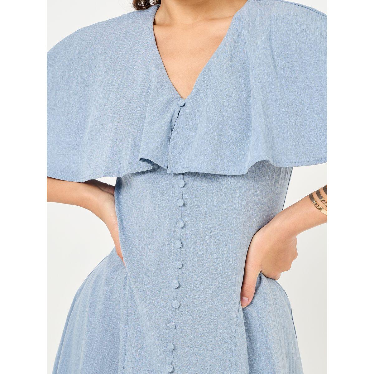 Styli Solid Cape Sleeve A-Line Midi Dress with Buttons-women-clothing-dresses-image-3