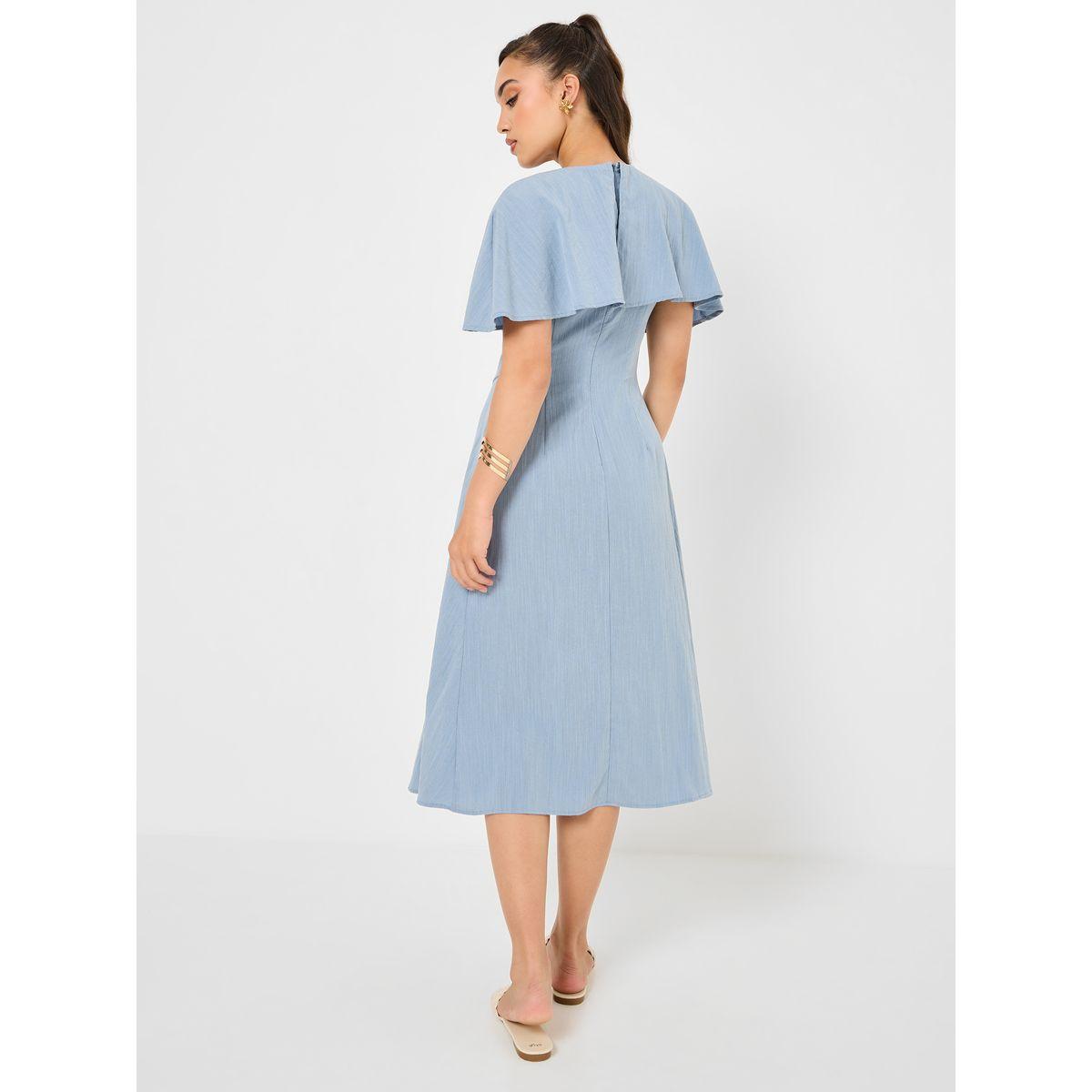 Styli Solid Cape Sleeve A-Line Midi Dress with Buttons-women-clothing-dresses-image-4